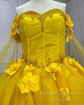 Yellow 3D Flowers Ball Gown Dress With Cape